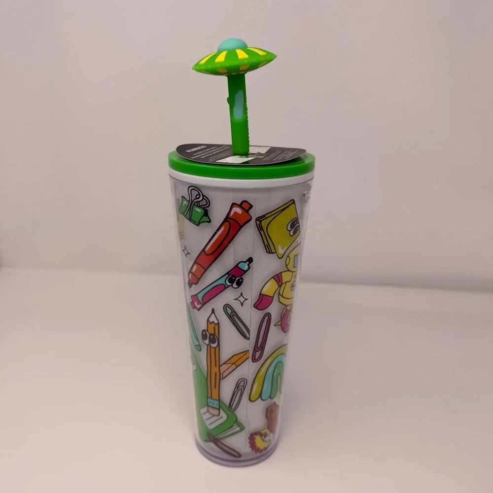 Starbucks Mexico 2024 Doodle Vibe Robot‎ Tumbler 24oz Venti UFO Straw Topper NWT